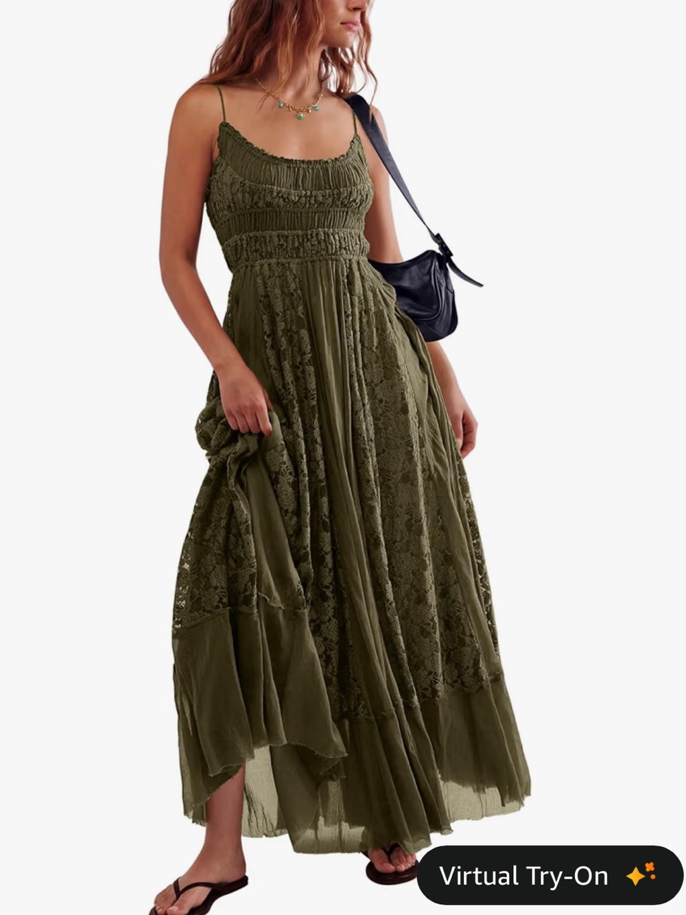 Small Olive Green Maxi Sundress with Lace Detail